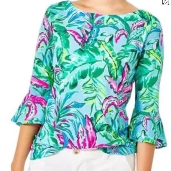 Lilly Pulitzer Tops - Lilly Pulitzer Fontaine Top Cotton 3/4 Sleeve Porto Blue In The Trees Size XXL